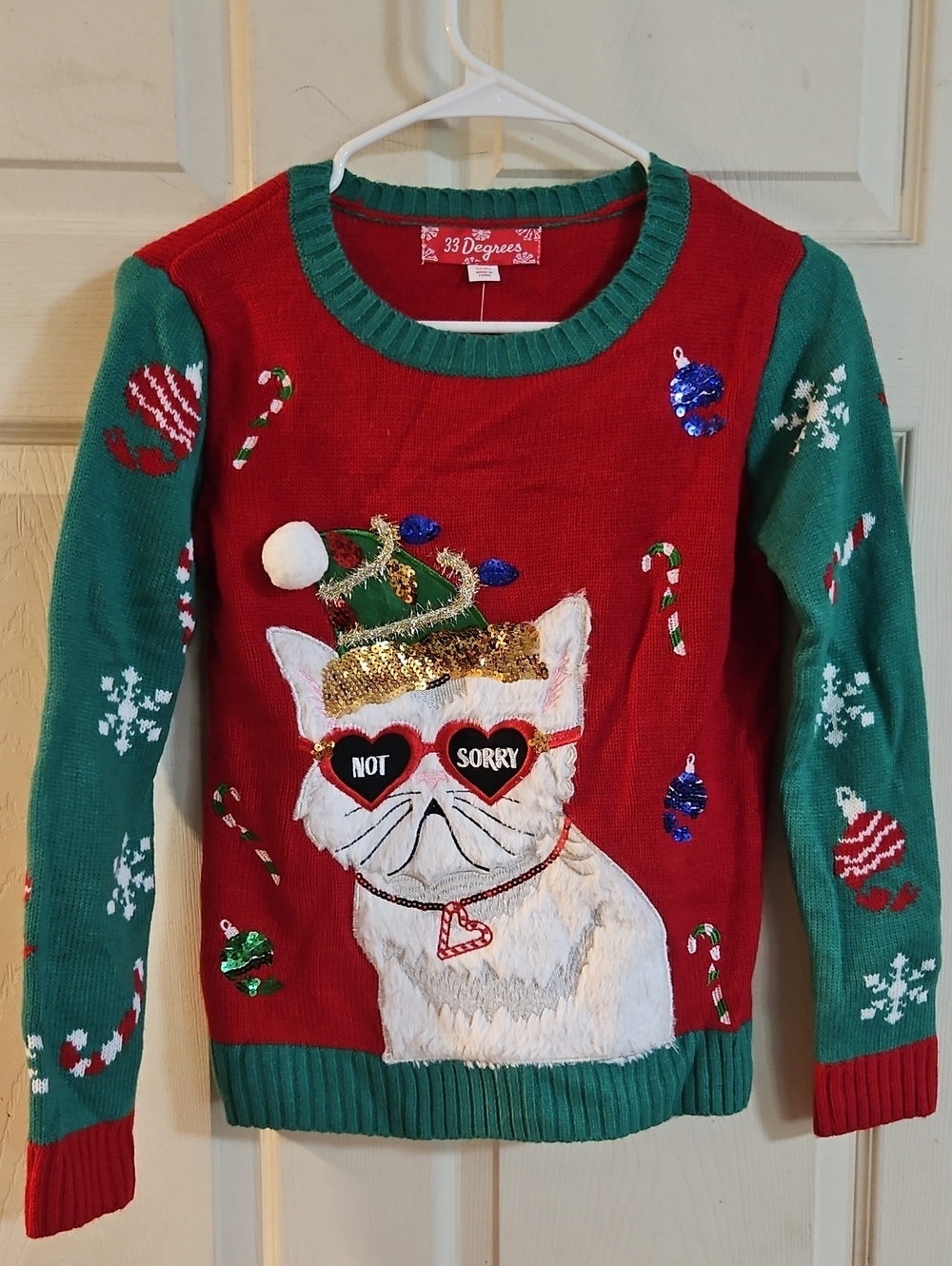 33 DEGREES GIRLS CHRISTMAS CAT SWEATER: RED/GREEN:NEW WITH TAGS: XL (16)